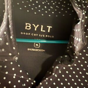 BYLT Dark Blue and White Polka Dot Polo